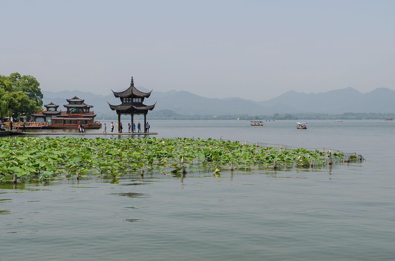 A pavilion and water lilies at West Lake in Hangzhou