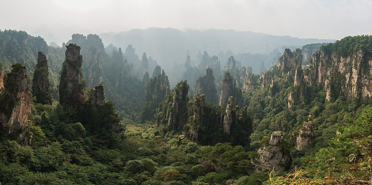 Forested sandstone peaks stretching across Wulingyuan in Zhangjiajie